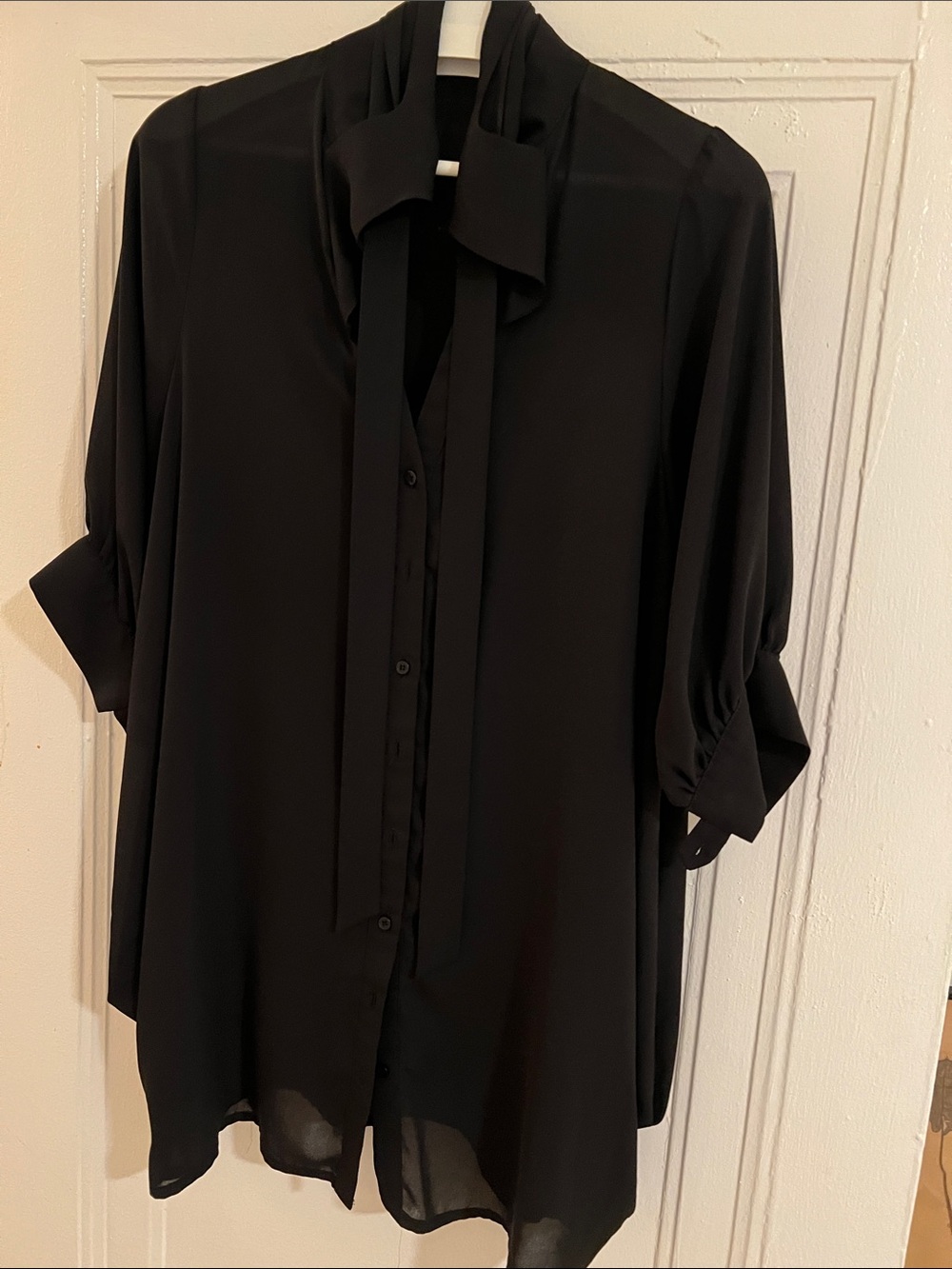 Women’s Black Long-Sleeve Button Shirt with Neck Tie